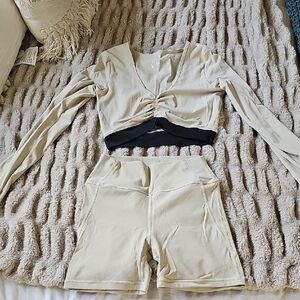 Neutral Beige Long-Sleeve Crop Top & High-Rise Bike Shorts Set